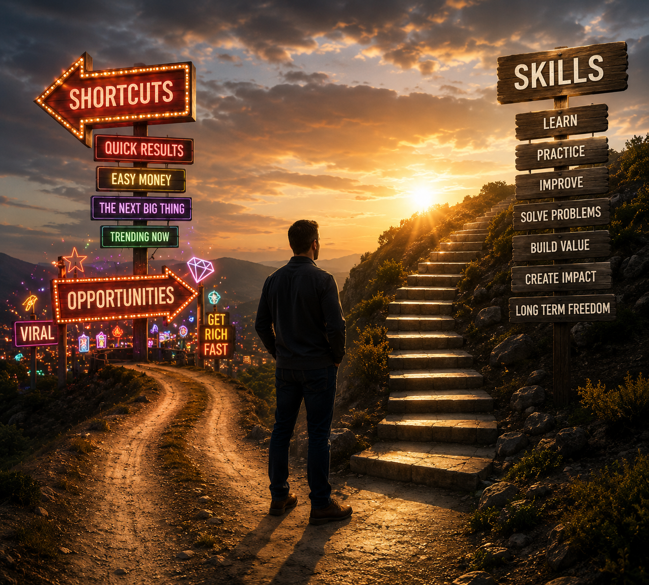 A crossroads of choices at sunset