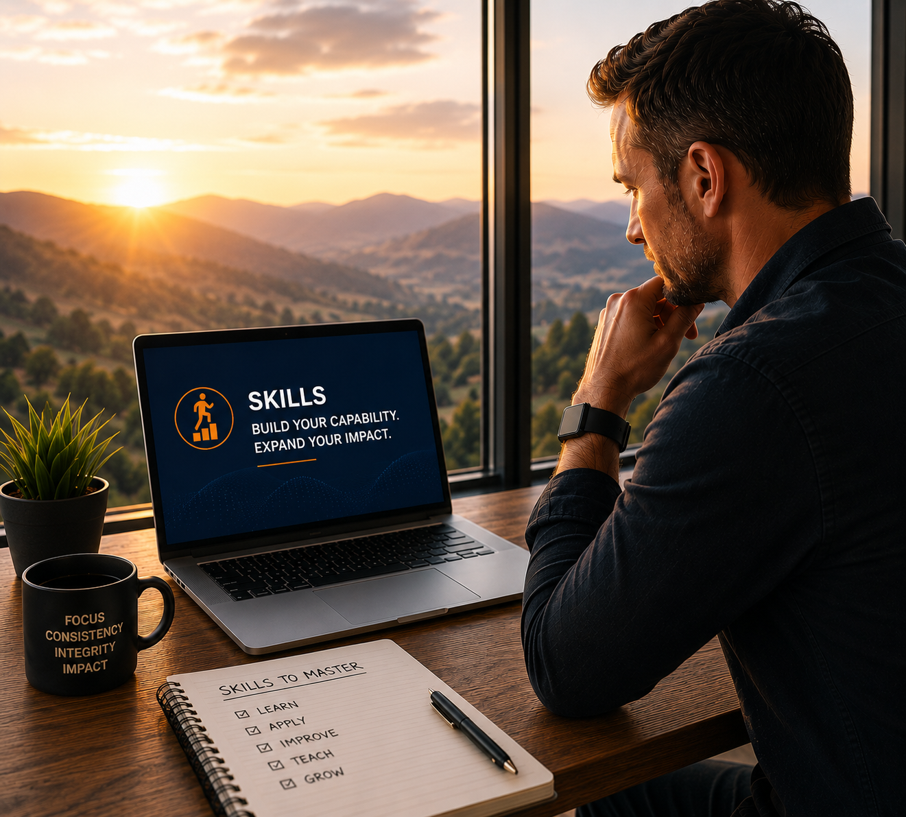 Professional working with a mountain view, representing focused learning, skill development, and continuous personal growth.