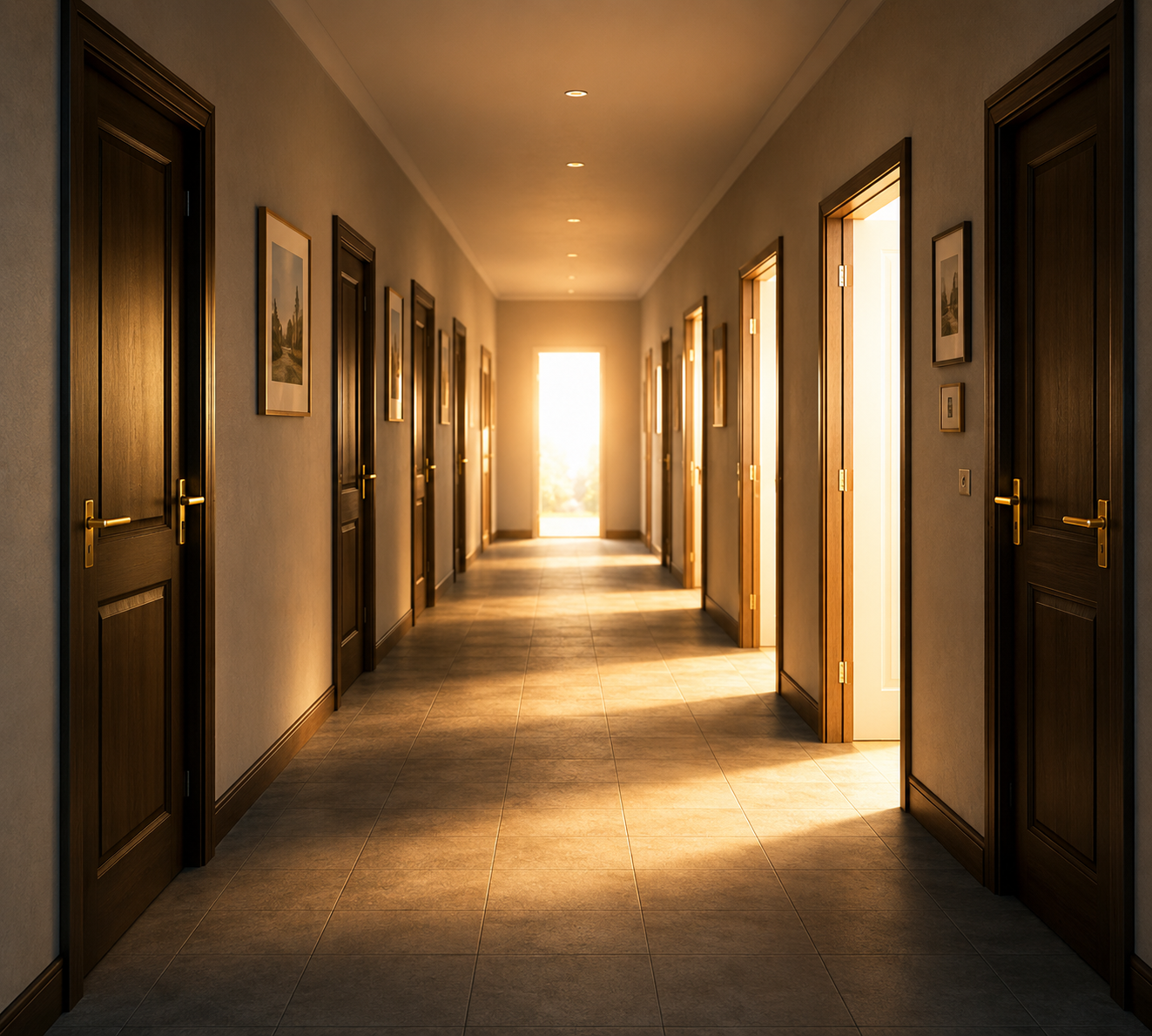 Golden light-filled corridor with open doors