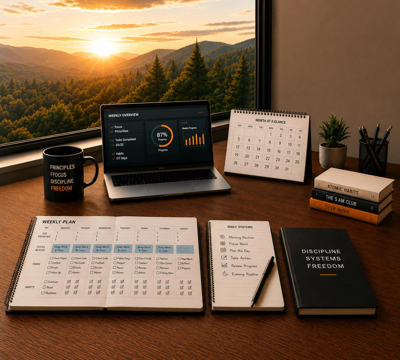 Organized workspace showing planners, laptop, and notebook illustrating how simple systems create consistency and long-term success | Bobby Wiggins | Principles First. Freedom Follows.