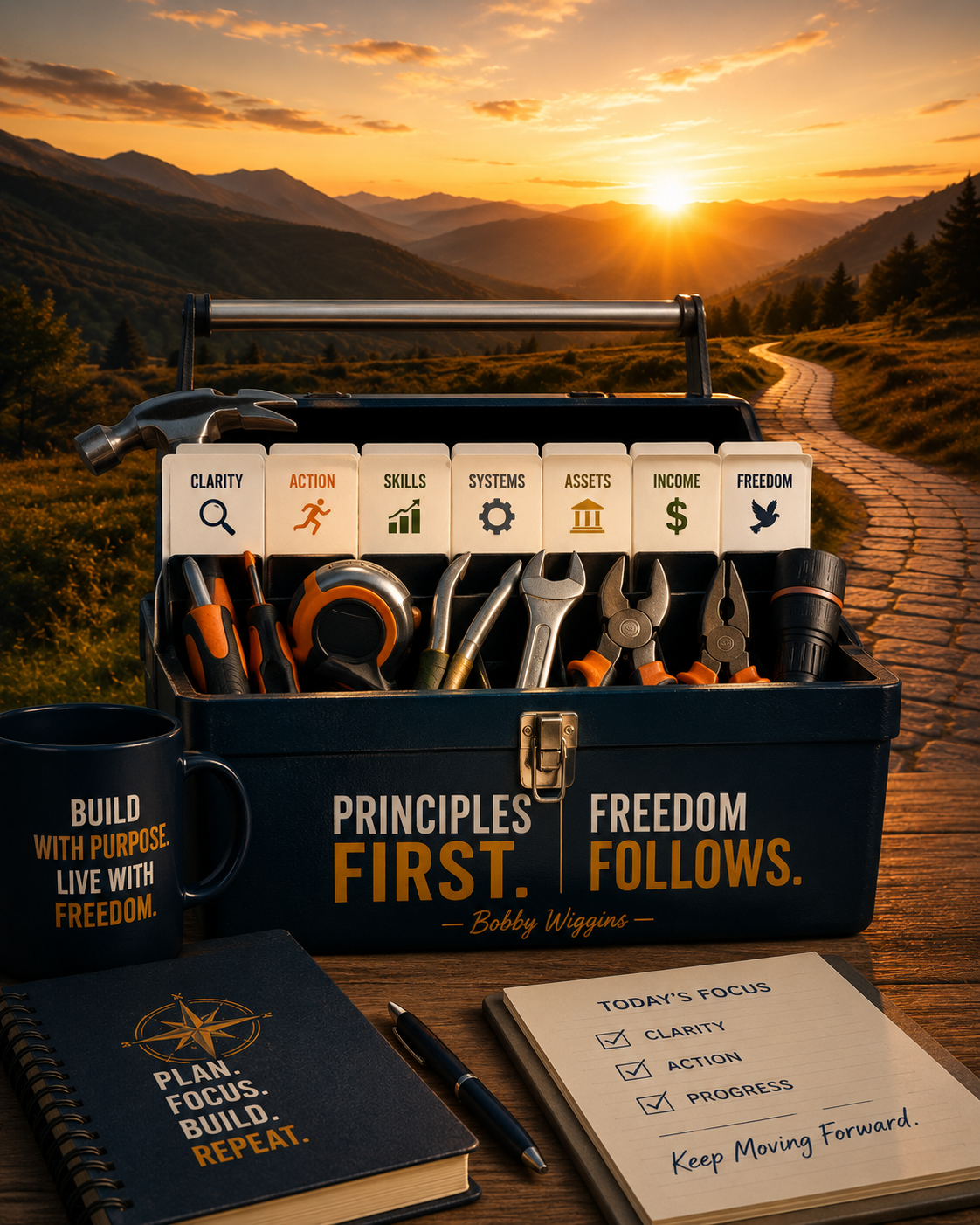 Open toolbox representing the Bobby Wiggins Online&trade; Resource Center with labeled sections for Clarity, Action, Skills, Systems, Assets, Income, and Freedom, illustrating practical tools for implementing the Principles First Path&trade;.