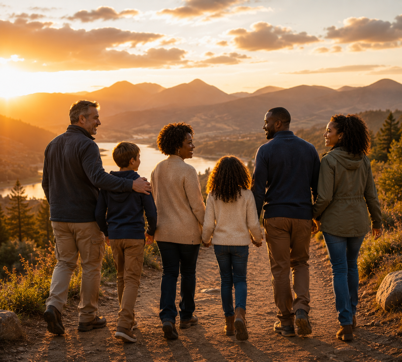 Three generations of a family walking together at sunset, representing the freedom to invest time in relationships, create lasting memories, and live with purpose.