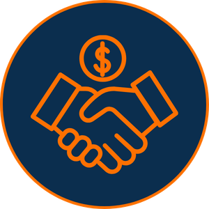 Handshake with a dollar coin icon representing earning income by creating value, serving customers, and building sustainable revenue through the Principles First Path&trade;.