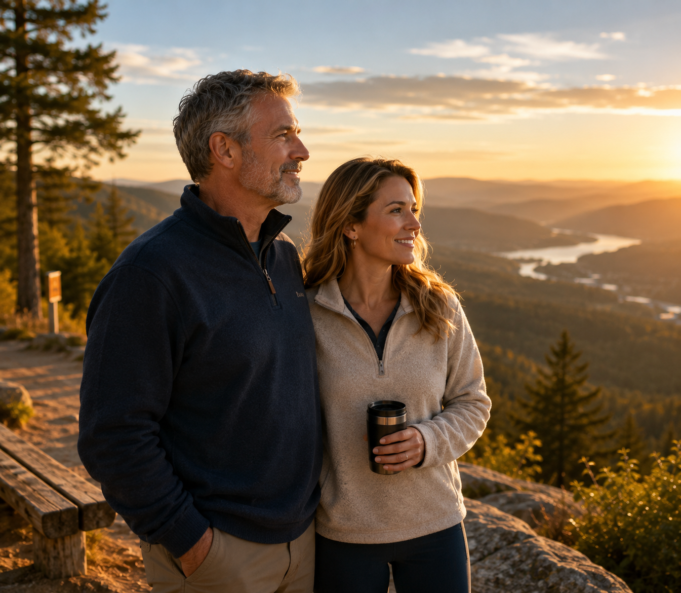Couple enjoying a peaceful mountain sunrise, representing the freedom to live with purpose, strengthen relationships, and focus on what matters most.