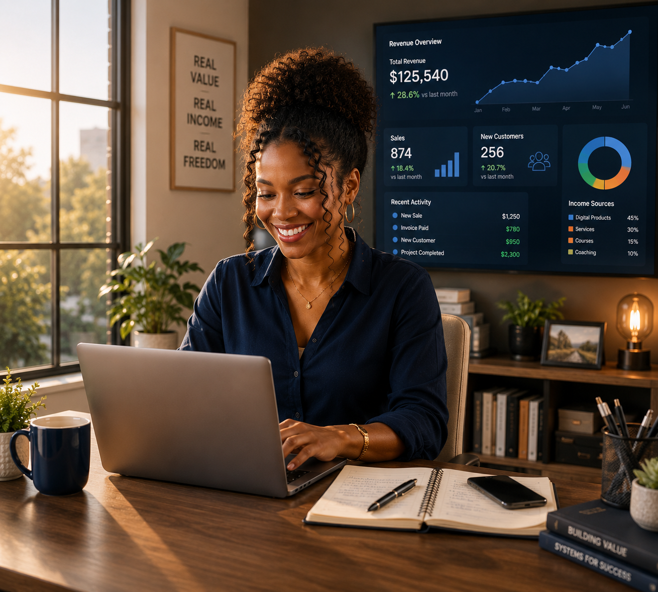 Professional Black woman entrepreneur building sustainable income through customer service, valuable work, growing online revenue, and business systems on the Principles First Path&trade;.