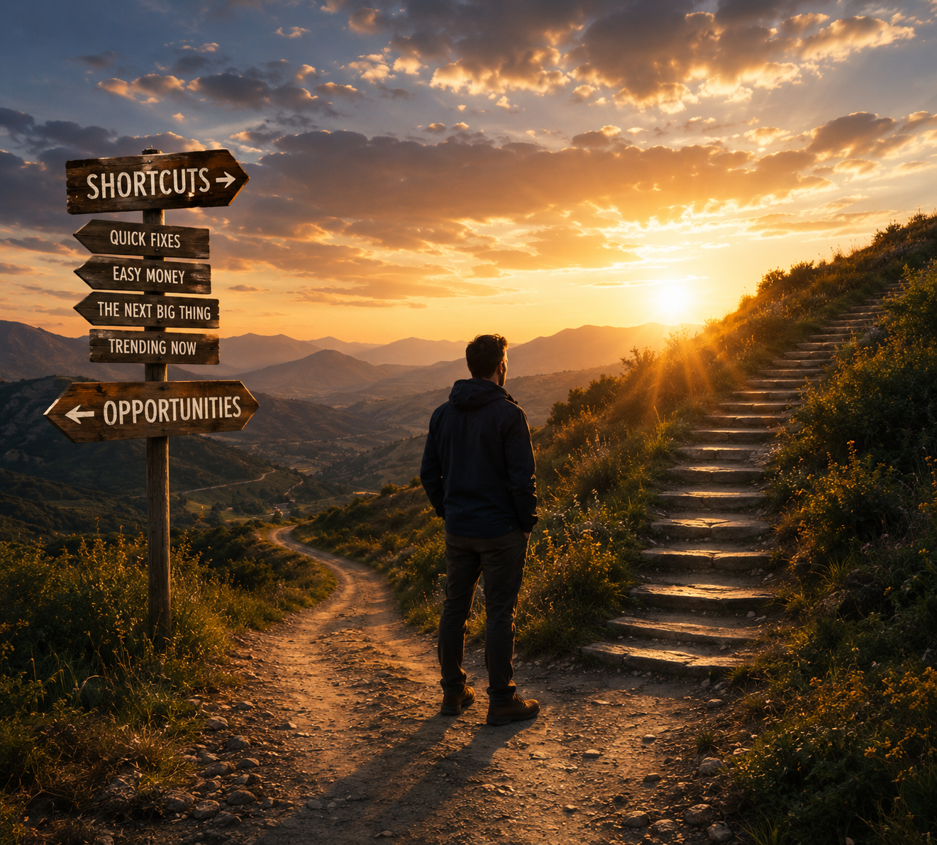 Person standing at a crossroads, representing choosing the right skills, lifelong learning, and personal growth.