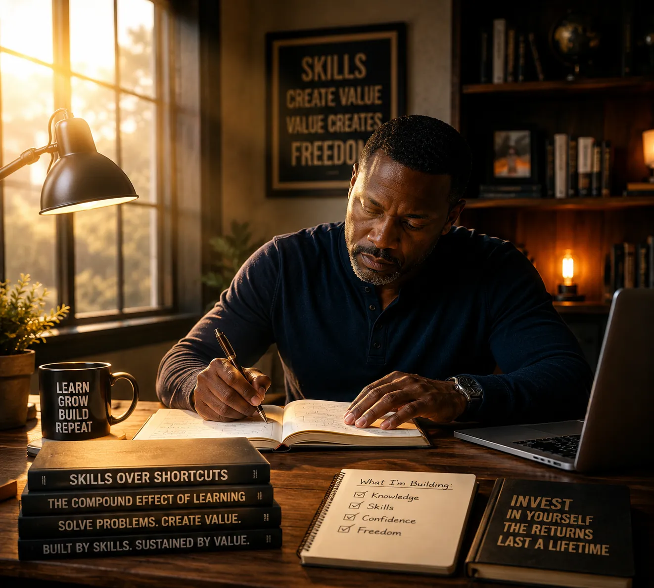 Professional studying and writing at a desk, representing continuous learning, skill development, and investing in knowledge that creates long-term value.