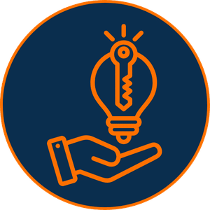 Navy icon of a hand holding a lightbulb and key, representing knowledge, practical skills, innovation, and unlocking new opportunities.