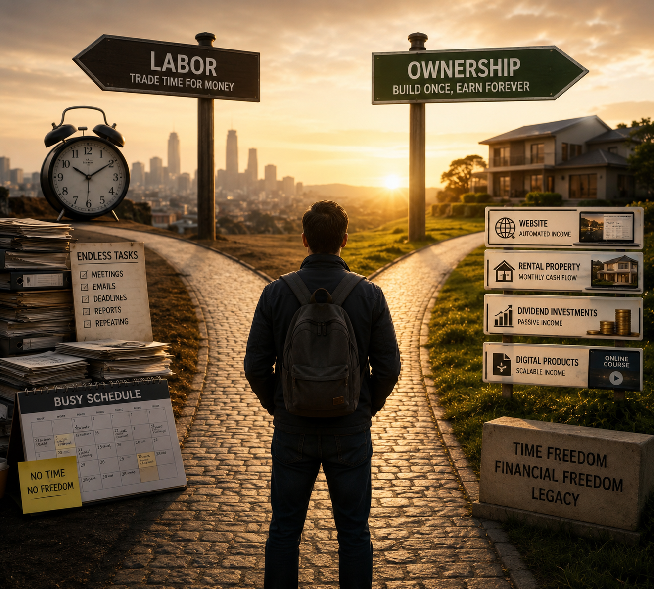 Illustration representing the path to financial freedom through building valuable digital assets and long-term wealth.