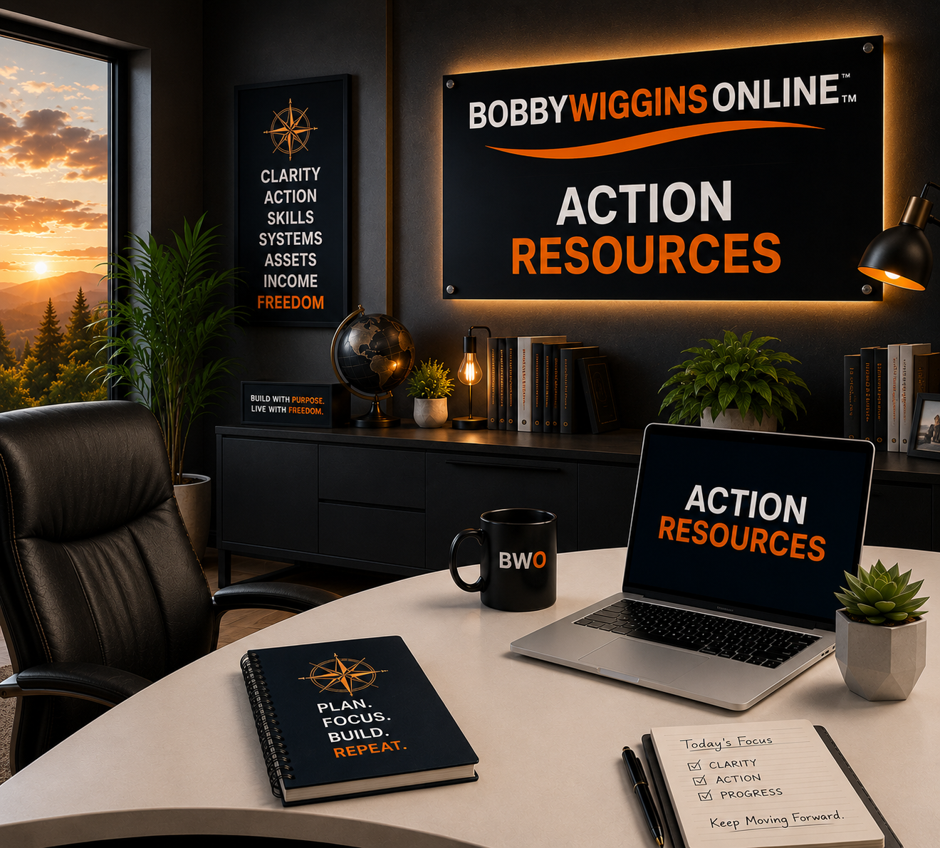 Modern Bobby Wiggins Online&trade; executive office featuring an Action Resources display, branded workspace, laptop, planning notebook, and productivity-focused environment designed to encourage taking action and building momentum.