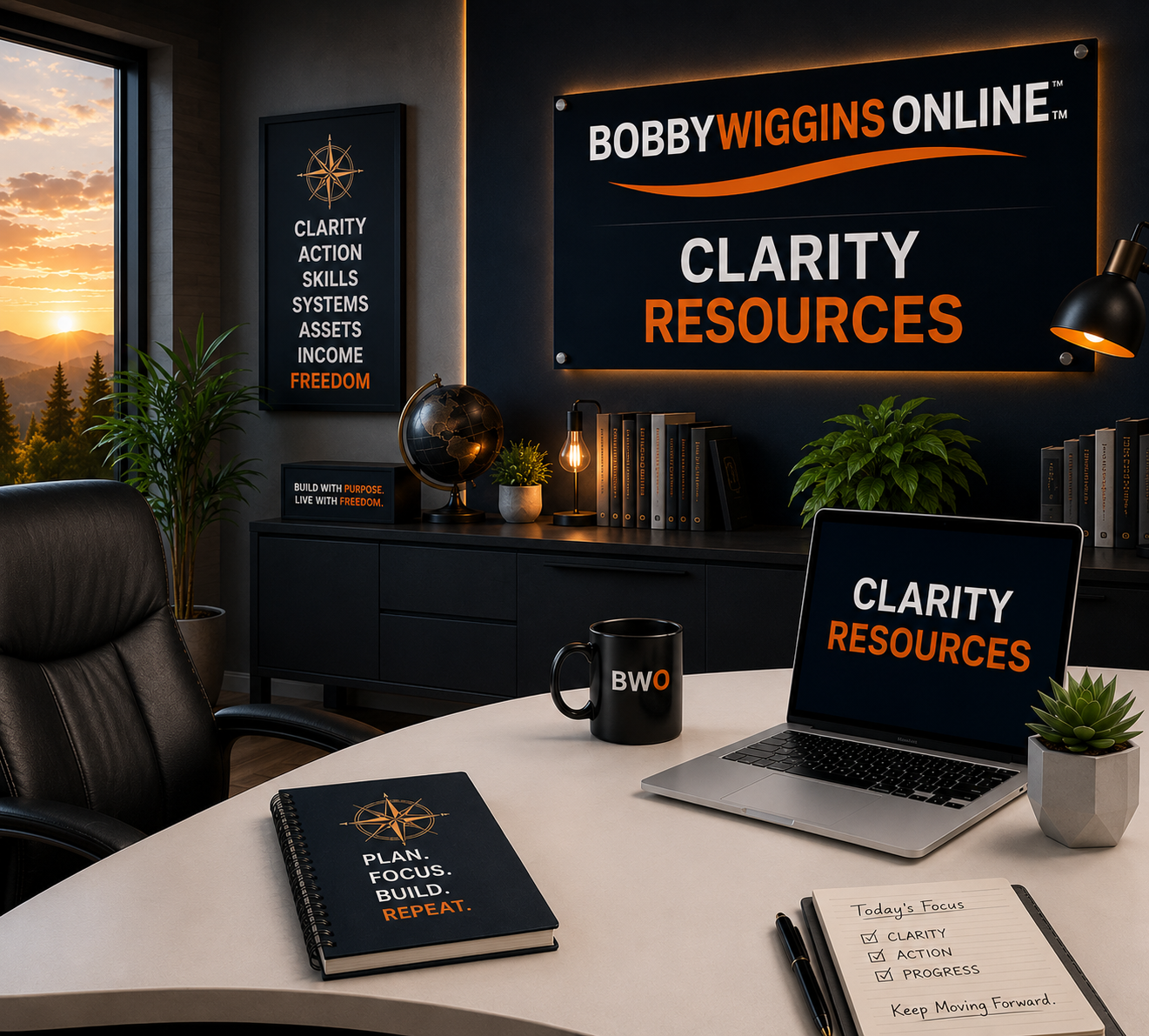 Clarity Resources | Bobby Wiggins Online™ Executive Workspace Modern Bobby Wiggins Online™ executive office featuring a Clarity Resources display, branded workspace, laptop, planning notebook, and productivity-focused environment designed to support better thinking and decision-making.