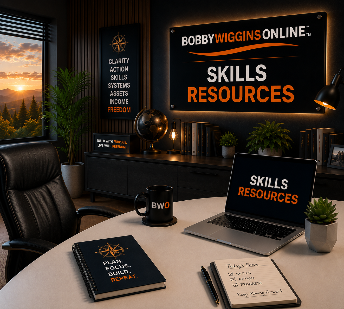 Modern Bobby Wiggins Online&trade; office featuring the Skills Resources workspace with branded displays and productivity tools.