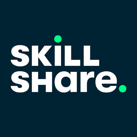 Skillshare logo featuring the Skillshare wordmark with green accent dots on a dark blue background.