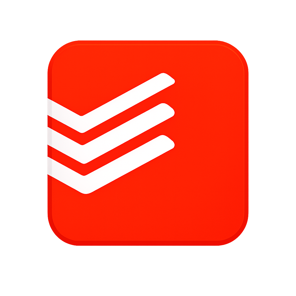 Todoist logo featuring three white checkmark lines on a red rounded square.