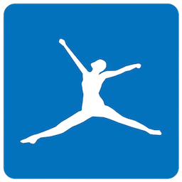 MyFitnessPal logo featuring a black silhouette of a person jumping on a blue rounded-square background.