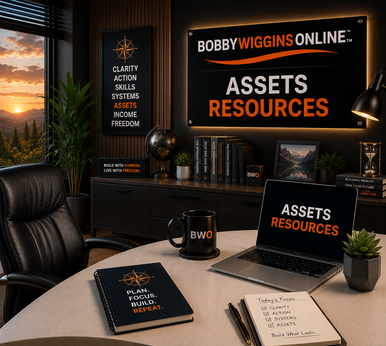 Modern office workspace representing the Bobby Wiggins Online&trade; Assets Resources page with digital asset planning and wealth-building tools.