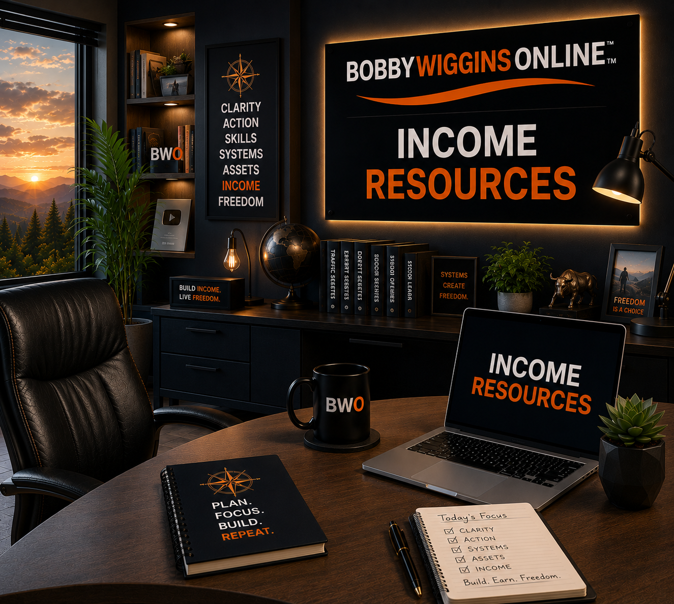 Professional office workspace representing the Bobby Wiggins Online&trade; Income Resources page with online business tools, digital products, and sustainable income planning.