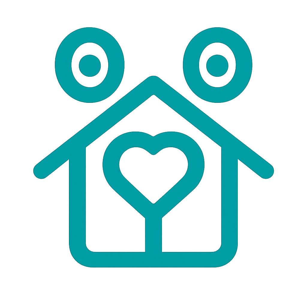 TrustedHousesitters logo featuring a teal house with a heart and two circular figures on a transparent background.